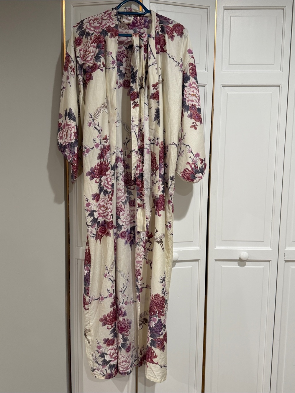Vintage Made in Japan 100% Cotton Floral & Crane Kimono Yukata Robe with Belt